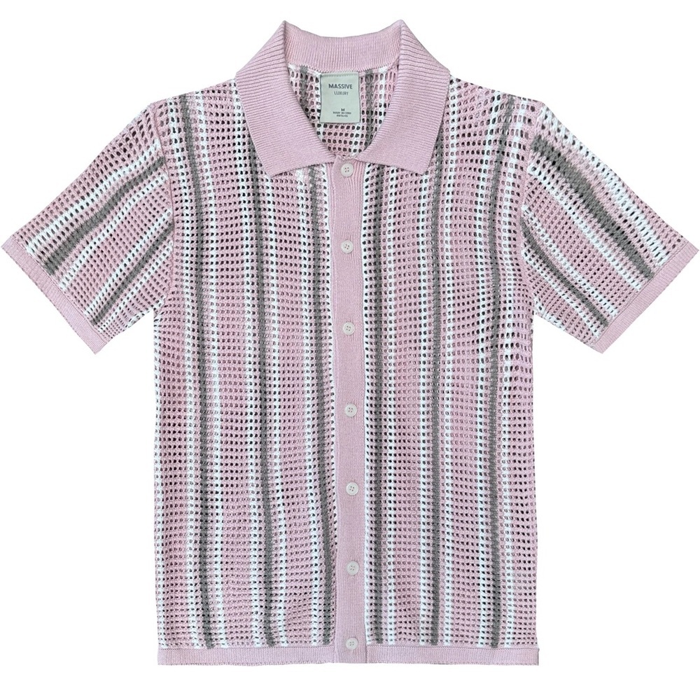 Massive Luxury Crochet Knit Polo XL Pink Striped Short Sleeve Button Front Shirt